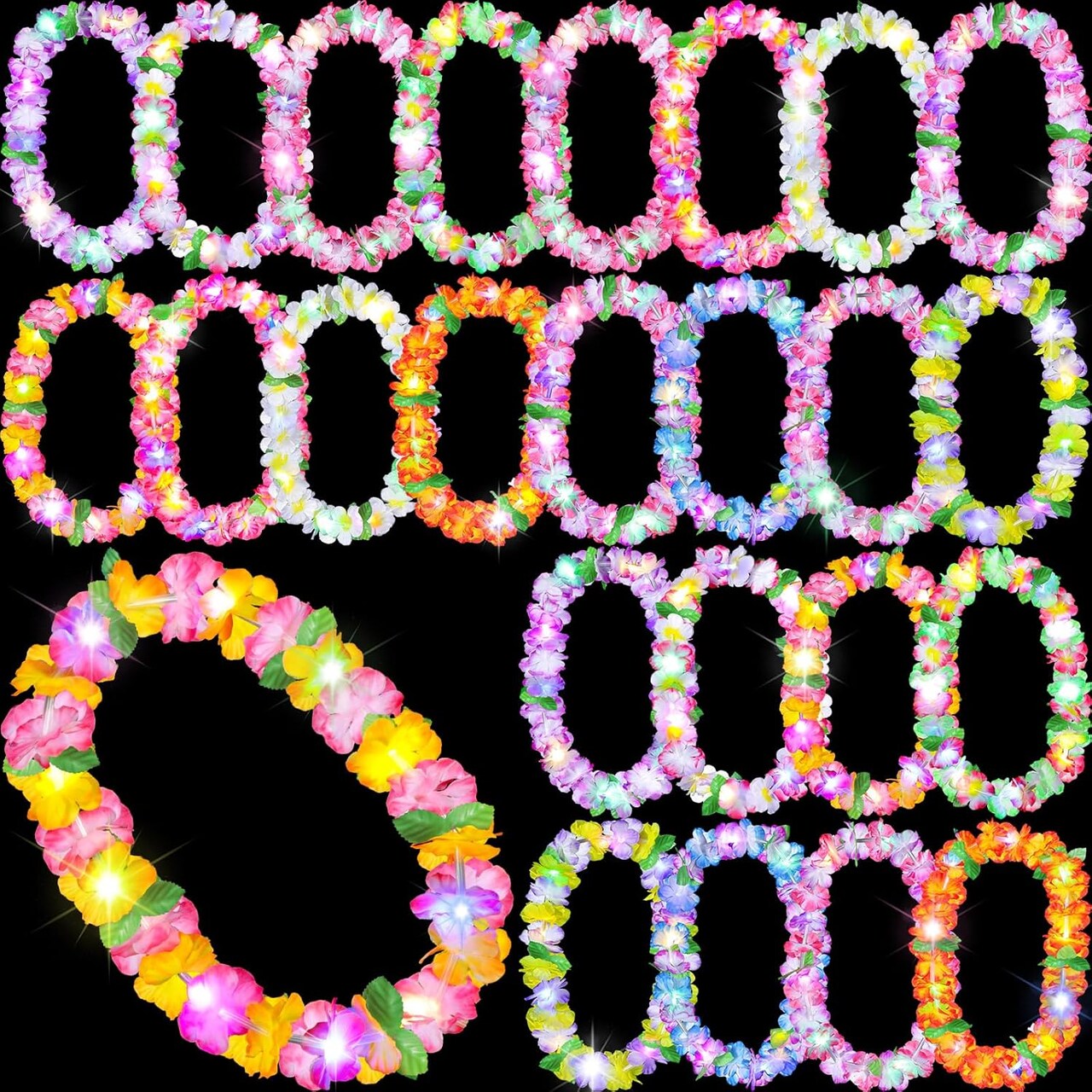 24 Pcs LED Hawaiian Leis Set, Light Up Tropical Flower Necklaces with Green Leaves – Bulk Luau Party Decorations for Beach, Wedding, Carnival, Summer Birthday & Party Favors